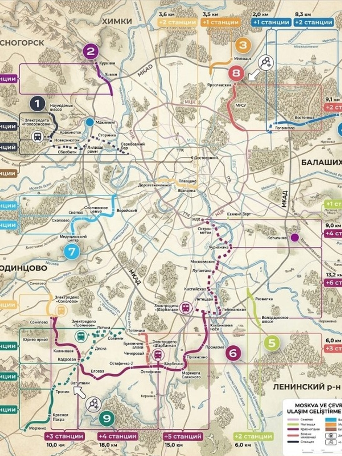 Moskova ve çevresi ulaşım geliştirme planı haritası: yeni metro hatları ve istasyonlar